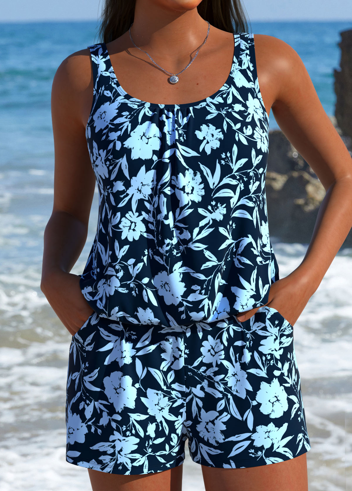 Modlily Dusty Blue Tummy Coverage One Piece Swimwear - S
