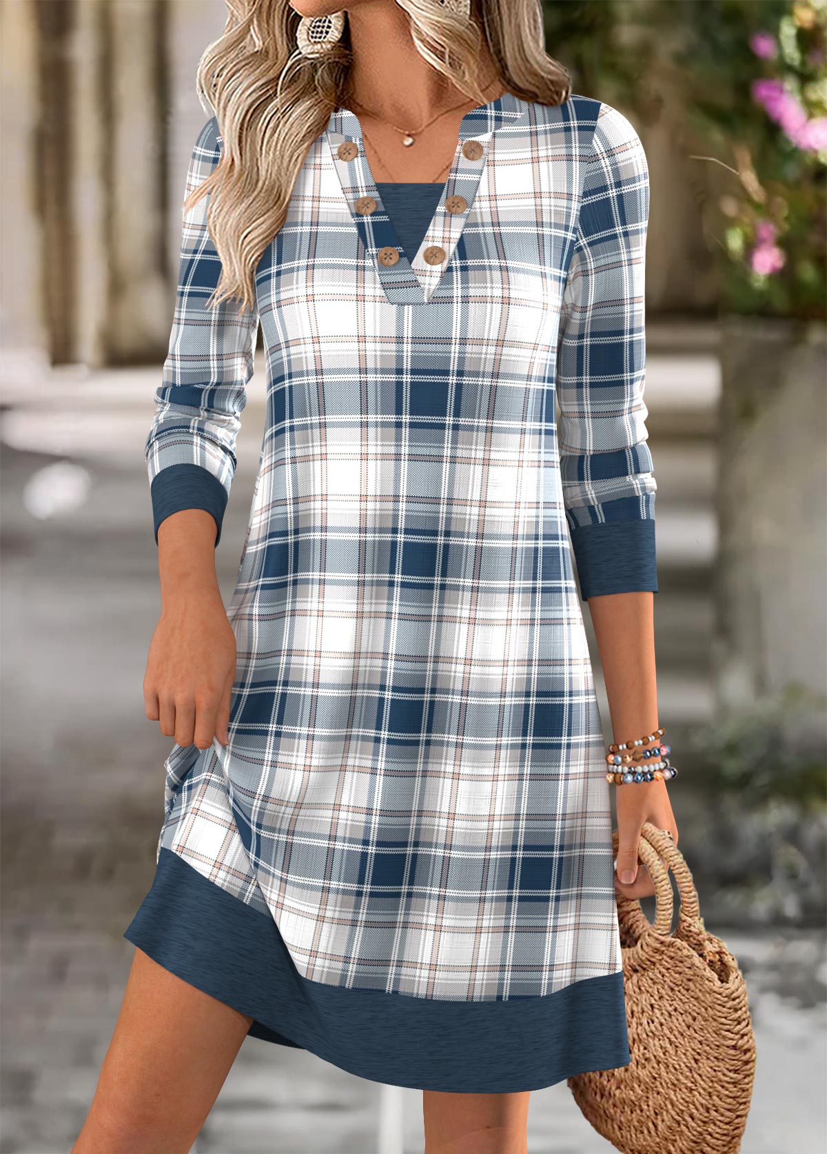 Modlily Dusty Blue Tummy Coverage Plaid Short Long Sleeve Dress - L