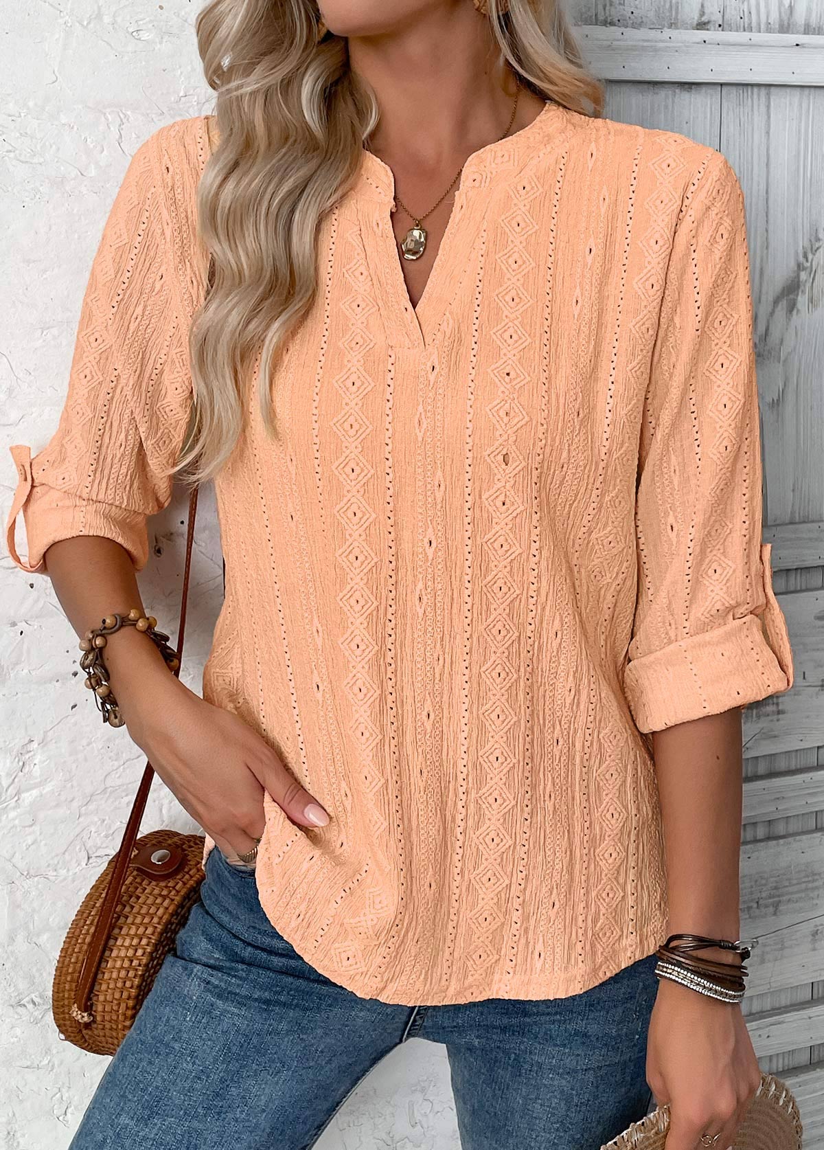 Modlily Dusty Pink 3/4 Sleeve Split Neck Blouse - M