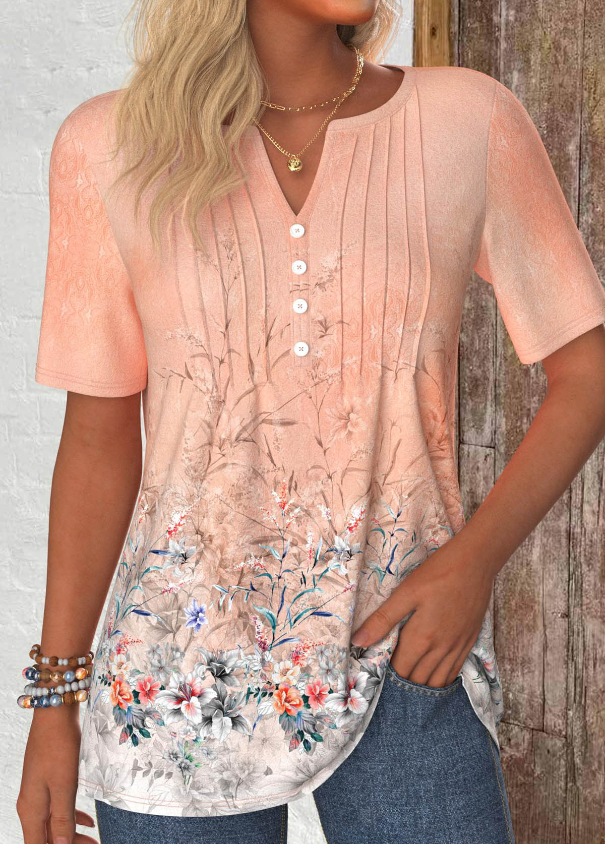 Modlily Dusty Pink Button Floral Print Short Sleeve T Shirt - M