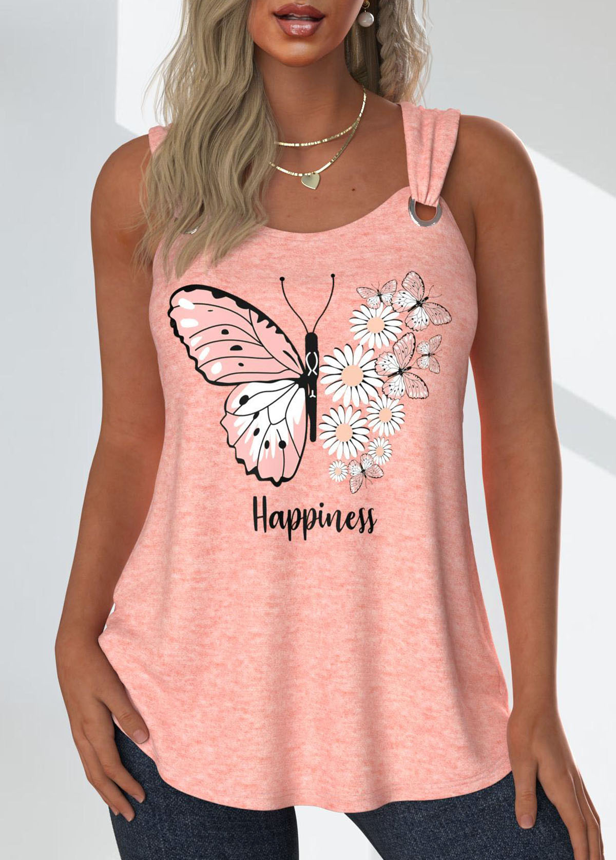 Modlily Dusty Pink Grommet Butterfly Print Sleeveless Tank Top - XL