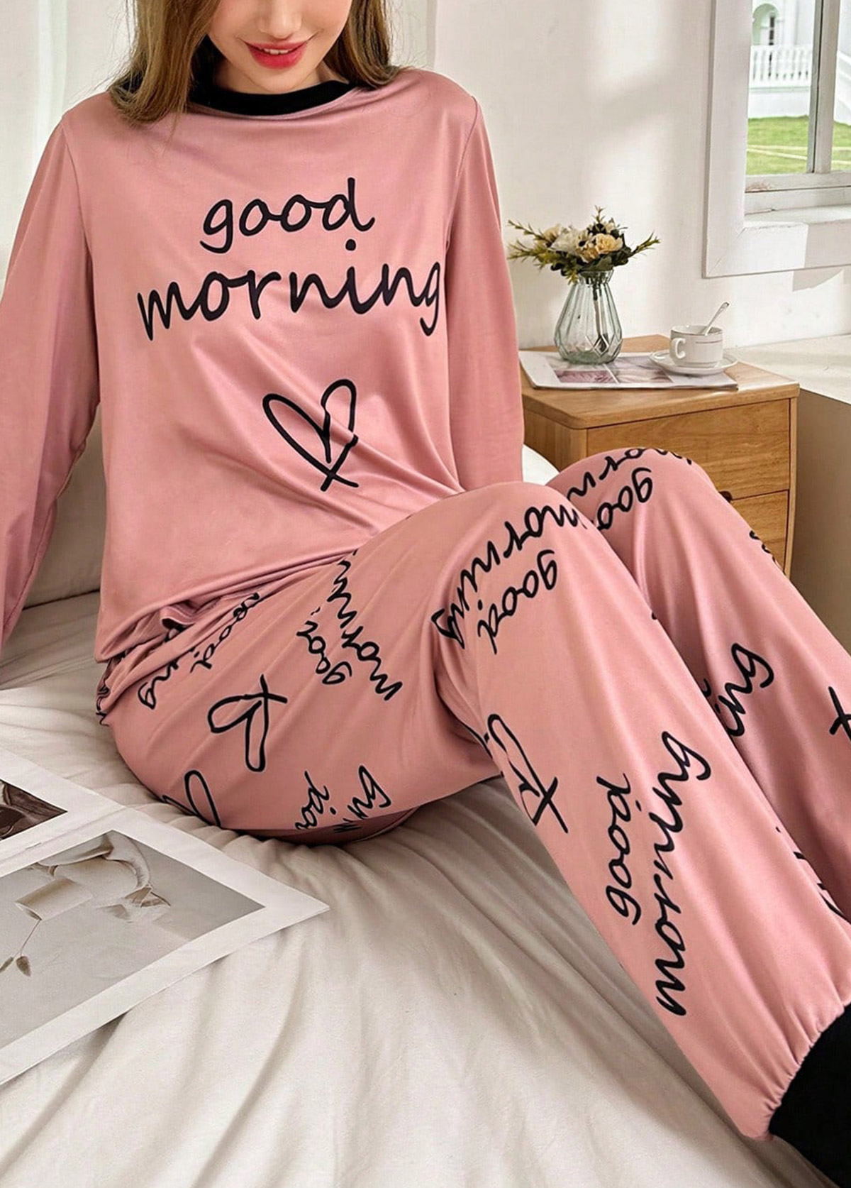 Modlily Dusty Pink Letter Print Lounge Top and Pants - S