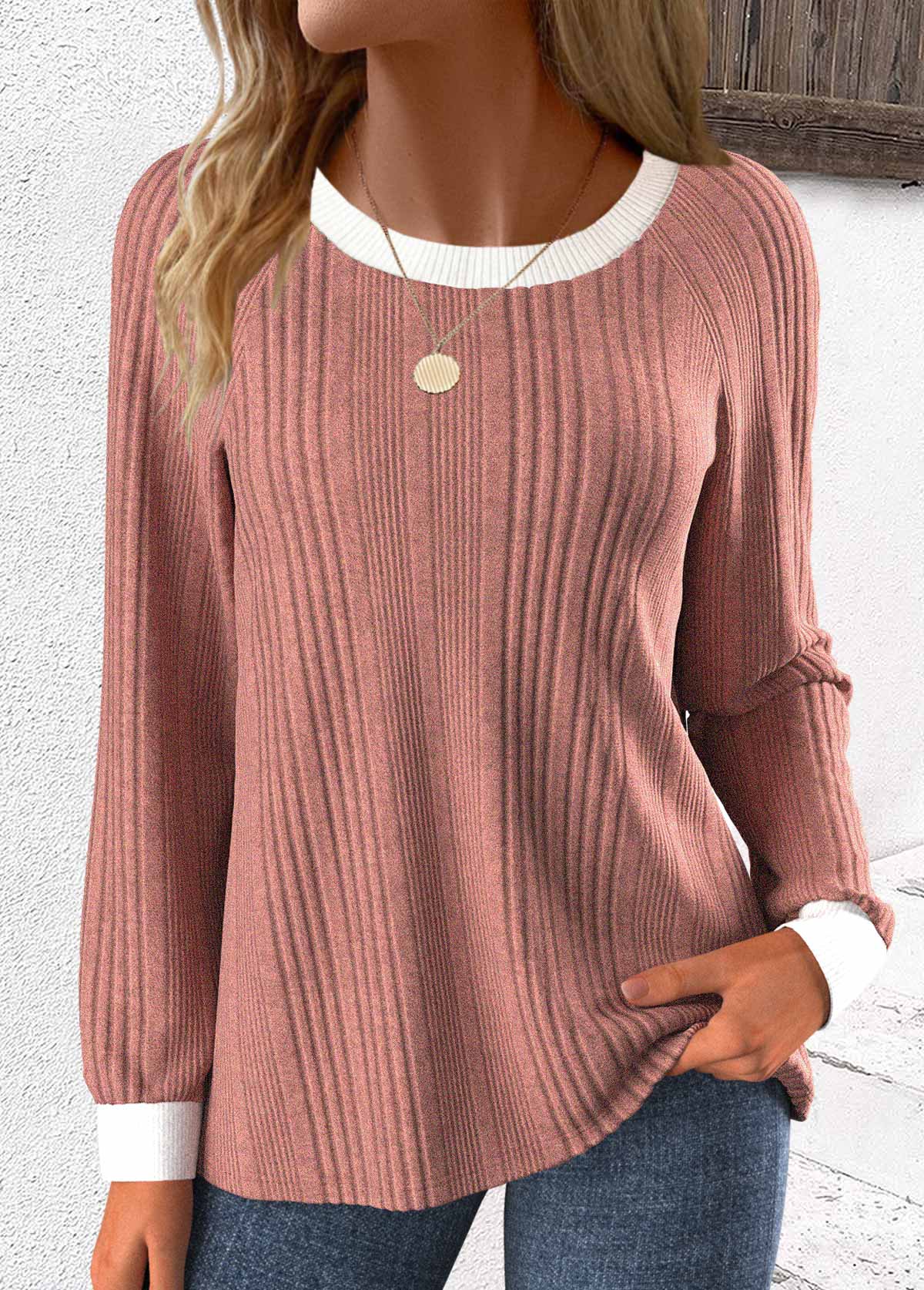 Modlily Dusty Pink Patchwork Long Sleeve Round Neck Rib Sweatshirt - M
