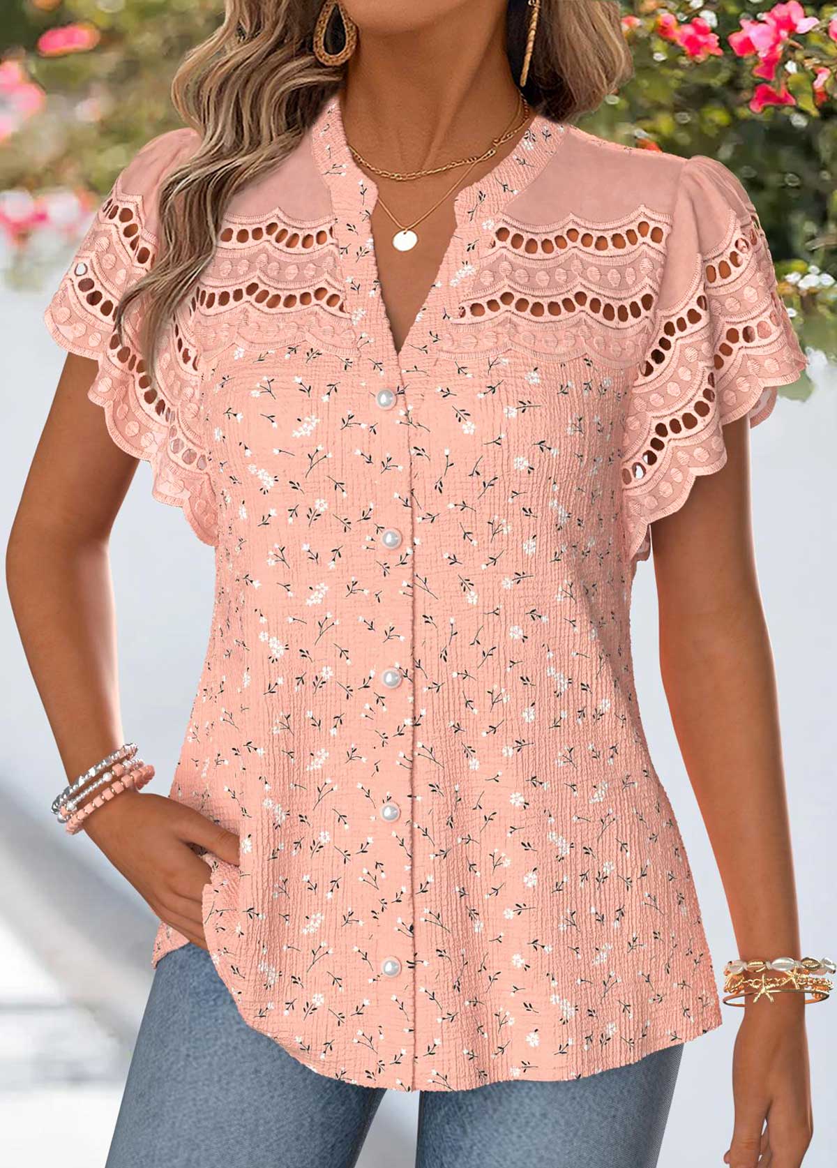 Modlily Dusty Pink Patchwork Short Sleeve Split Neck Blouse - M