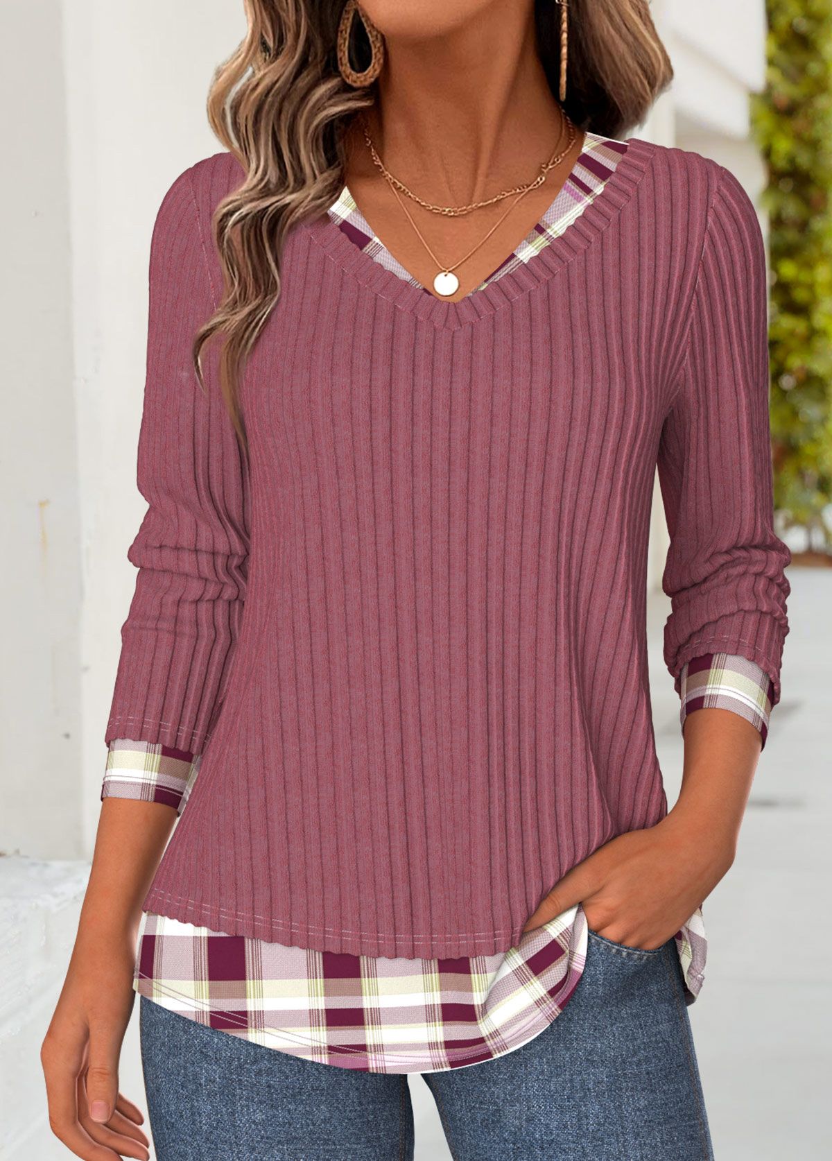 Modlily Dusty Pink Plaid Fake 2in1 Long Sleeve T Shirt - M
