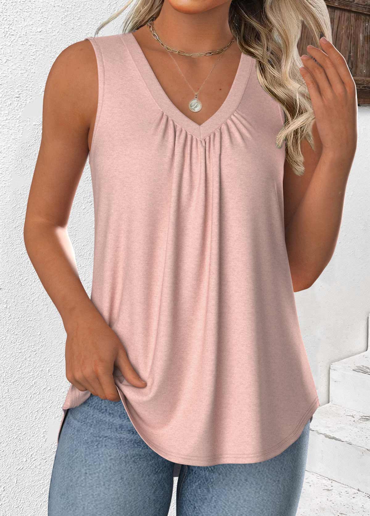 Modlily Dusty Pink Sleeveless V Neck Tank Top - S