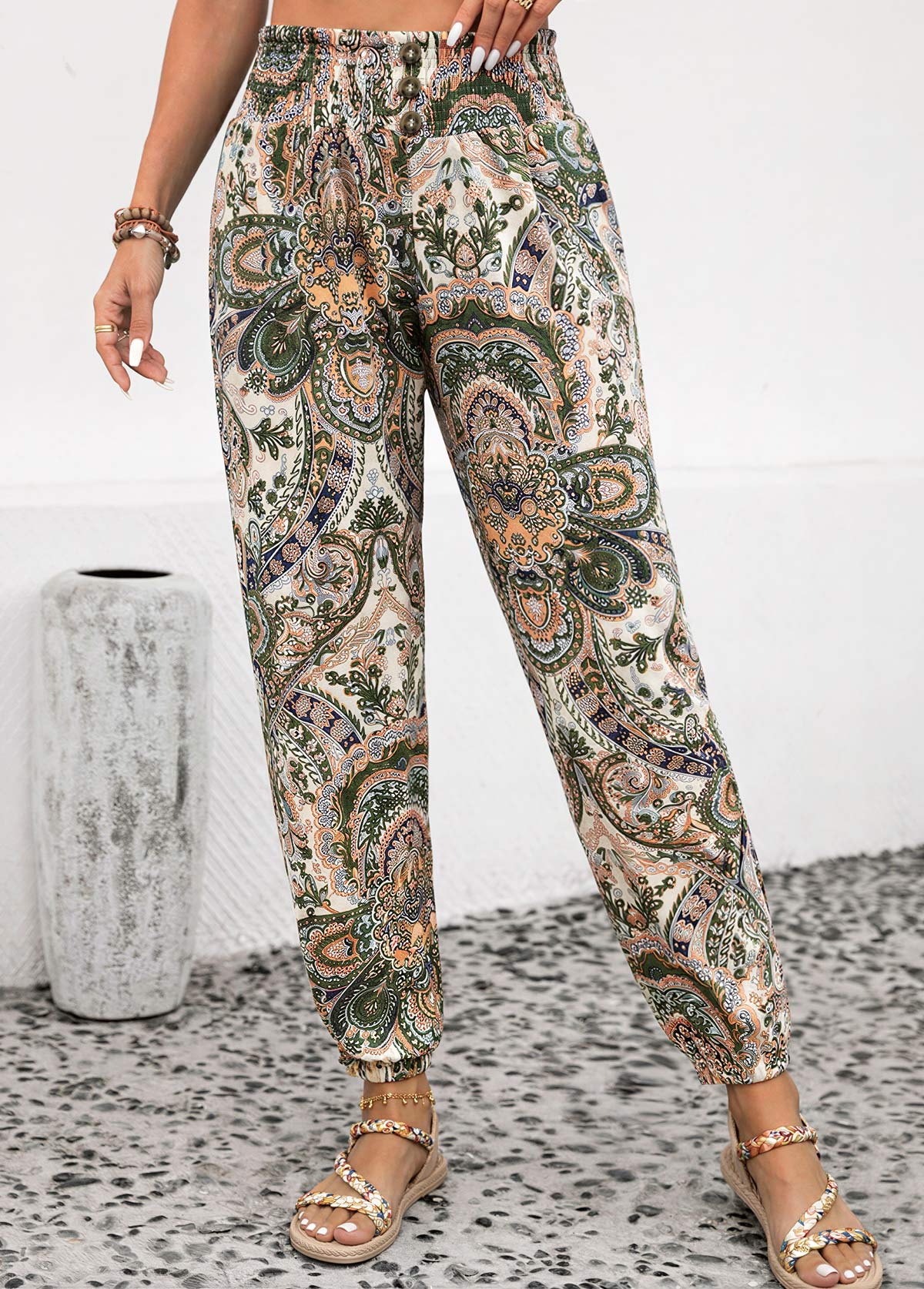 Modlily Dusty Pink Soft Tribal Print Jogger Elastic Waist Pants - S