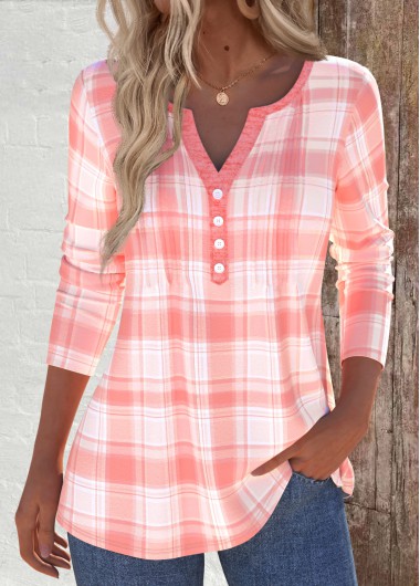 Modlily Dusty Pink Tuck Stitch Plaid Long Sleeve T Shirt - M