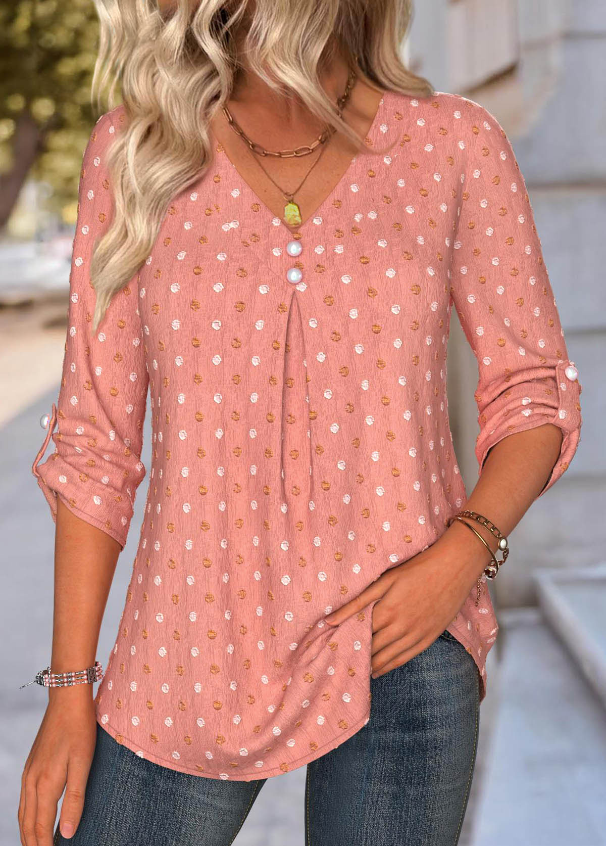 Modlily Dusty Pink Tummy Coverage Long Sleeve V Neck Blouse - M