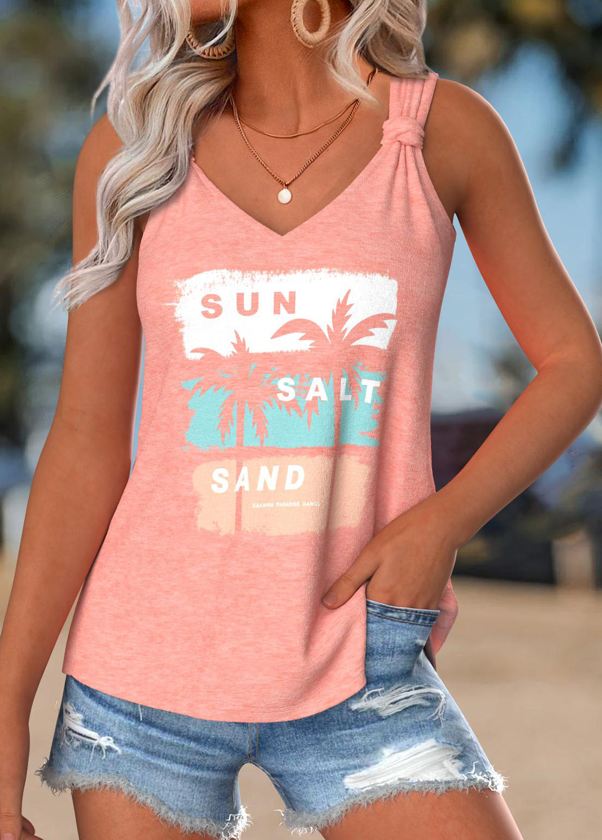 Modlily Dusty Pink Tummy Coverage Tropical Plants Print Tank Top - M