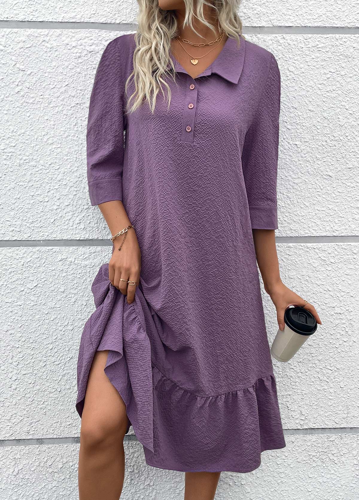 Modlily Dusty Purple Button A Line Belted 3/4 Sleeve Dress - XL
