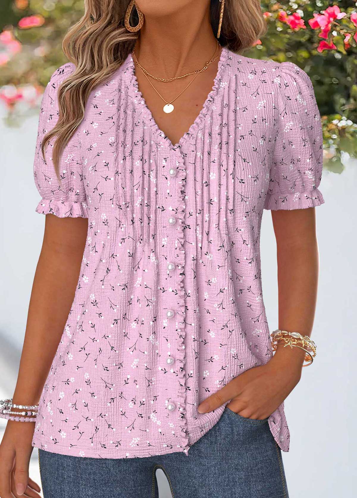 Modlily Dusty Purple Floral Print Frill Short Sleeve T Shirt - S
