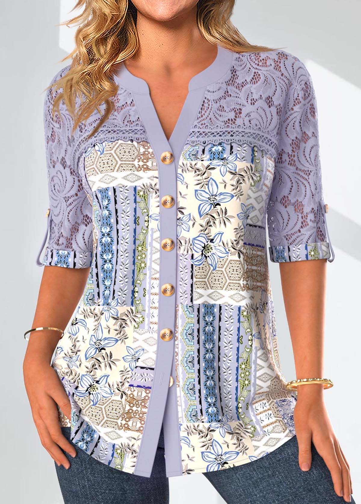 Modlily Dusty Purple Patchwork 3/4 Sleeve Split Neck Blouse - S