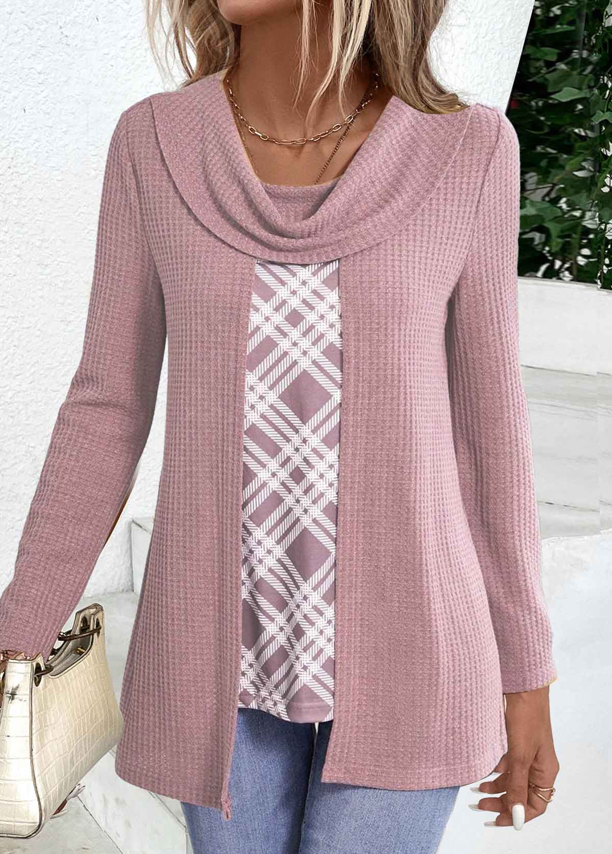 Modlily Dusty Purple Plaid Long Sleeve Fake Two Piece Twinset - XXL