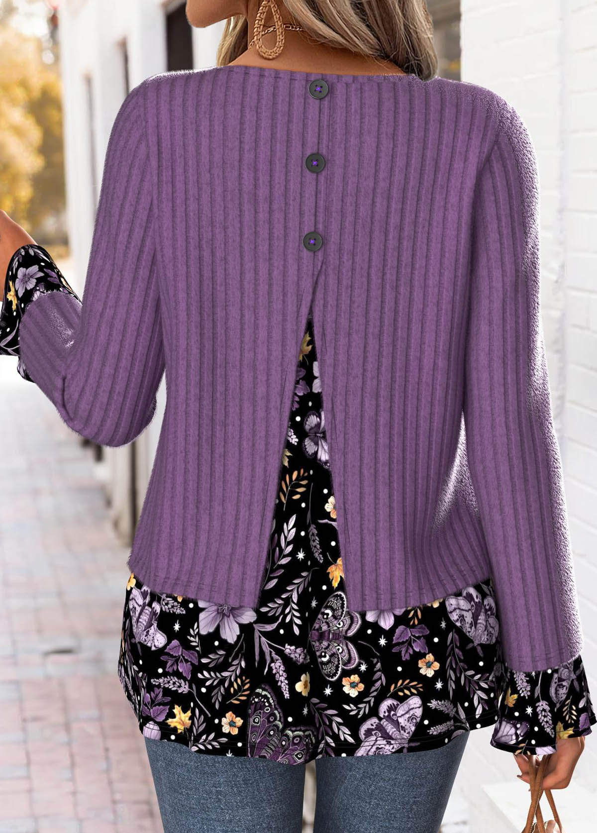 Modlily Dusty Purple Tummy Coverage Floral Print T Shirt - M