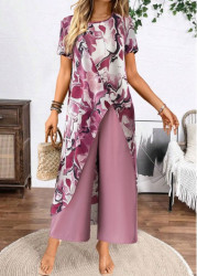 Modlily Dusty Purple Two Piece Floral Print Half Sleeve Top - M