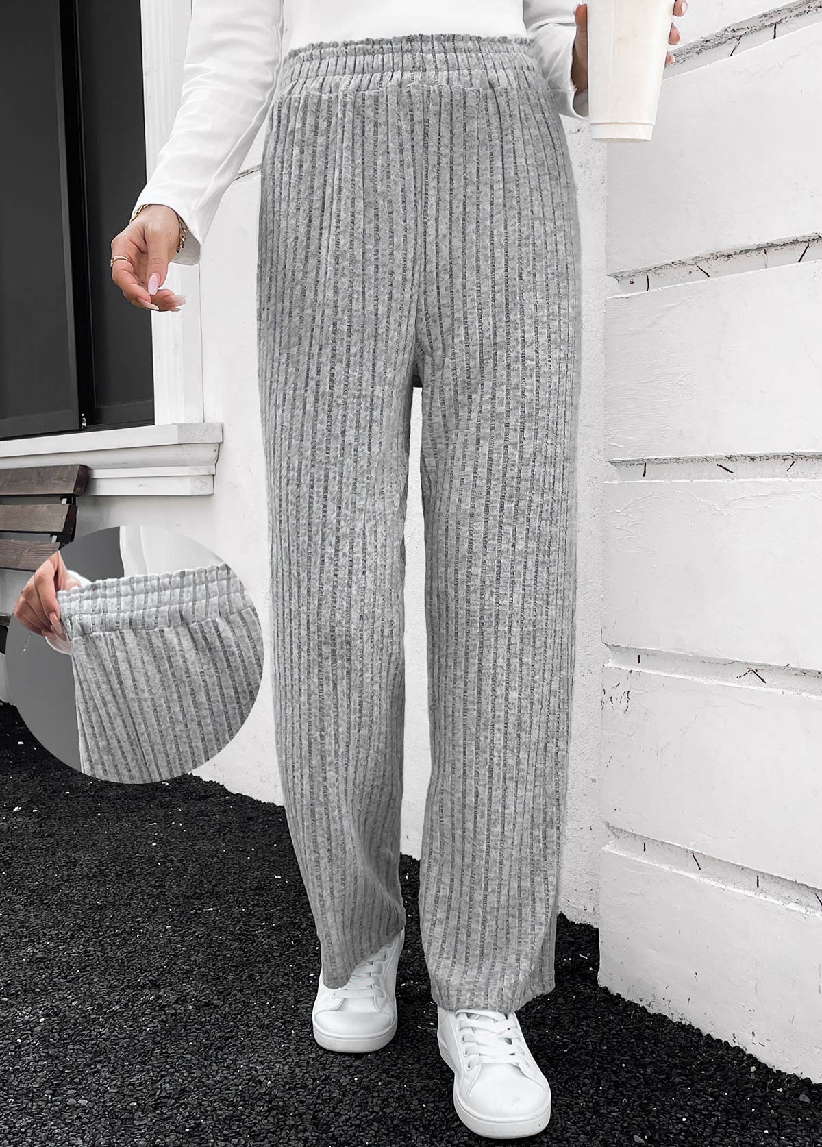 Modlily Elastic Waist Grey High Waisted Pants - XL