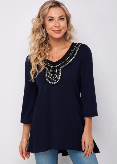 Modlily Embellished Neck 3/4 Sleeve Navy Blue T Shirt - S