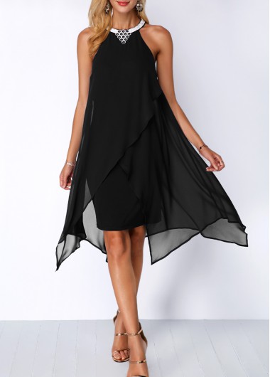 Modlily Embellished Neck Asymmetric Hem Black Chiffon Dress - XL