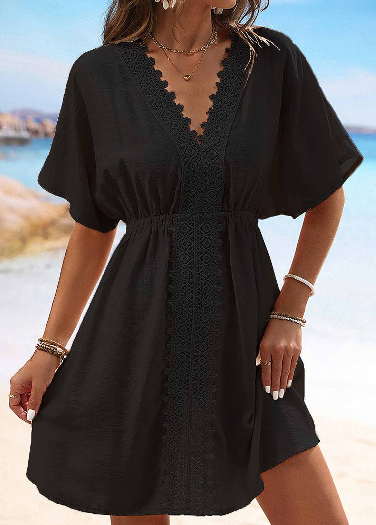 Modlily Embroidery Black V Neck Short Sleeve Cover Up - S