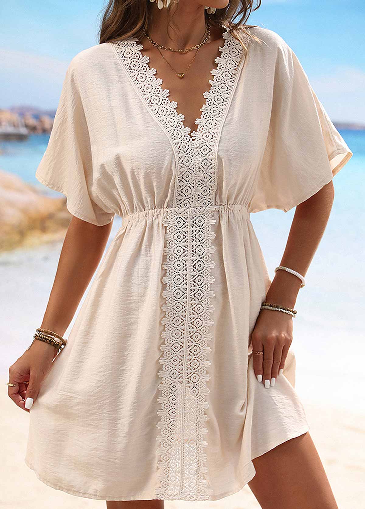 Modlily Embroidery Patchwork V Neck Beige Cover Up - S