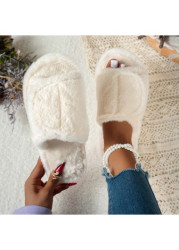 Modlily Flip Flops Beige Open Toe Velvet Falt Slippers - 36