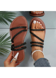 Modlily Flip Flops Black Color Peep Toe Falt Sliders - 36