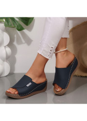 Modlily Flip Flops Blue Peep Toe Low Heel Sliders - 36