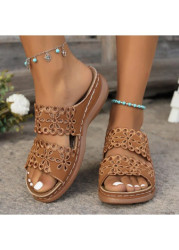 Modlily Flip Flops Dark Camel Peep Toe Low Heel Sliders - 36