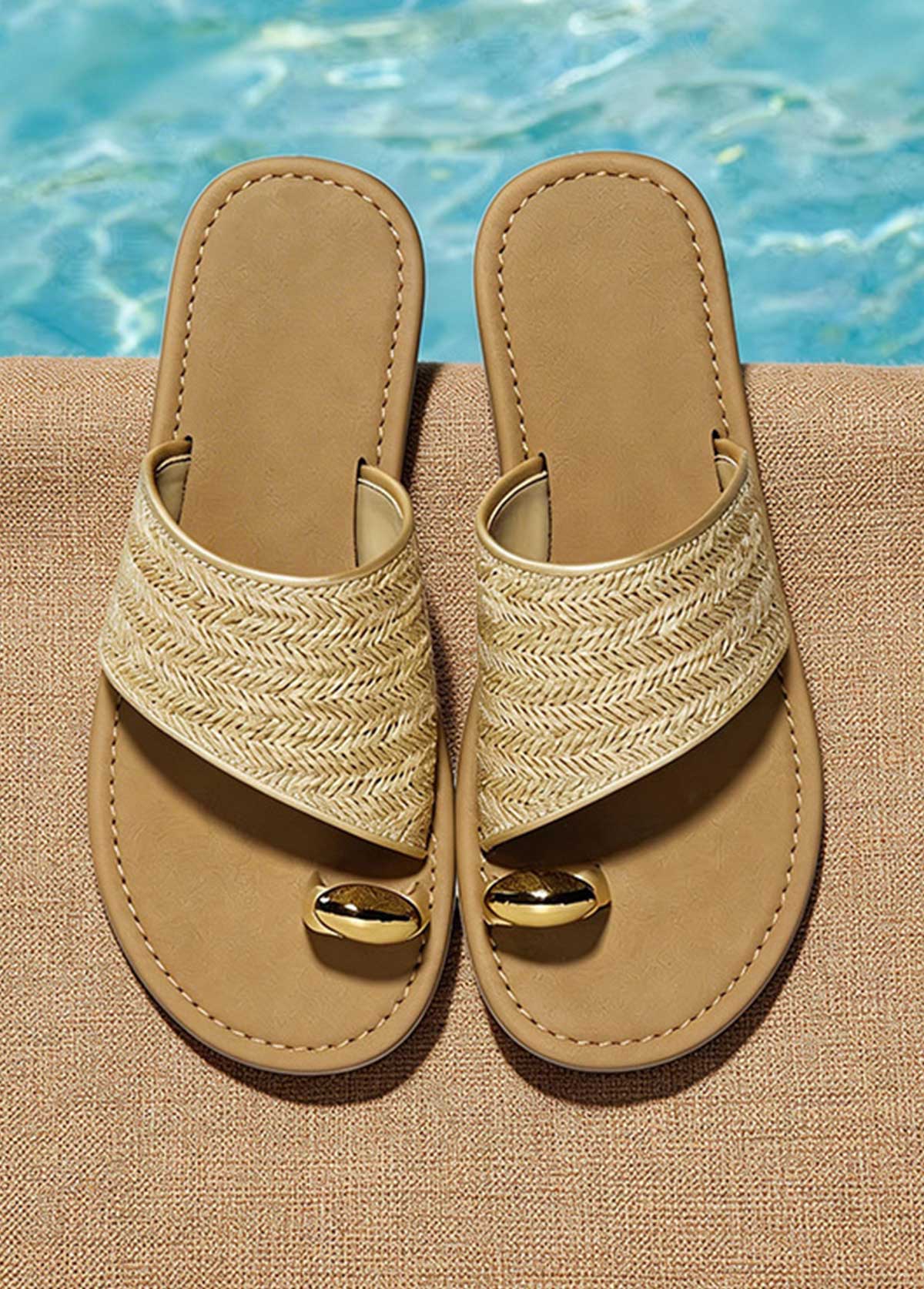 Modlily Flip Flops Golden Color Toe Post Falt Slippers - 36