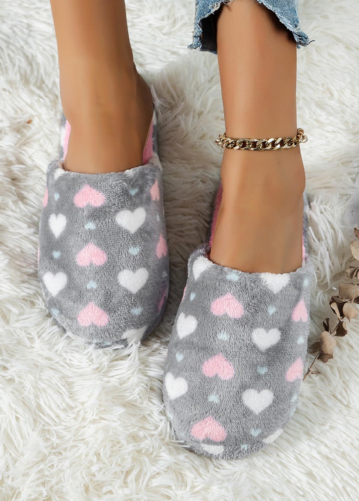 Modlily Flip Flops Light Grey Heart Print Closed Toe Falt Slippers - 36