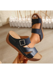Modlily Flip Flops Navy Round Toe Low Heel Sliders Slippers - 36