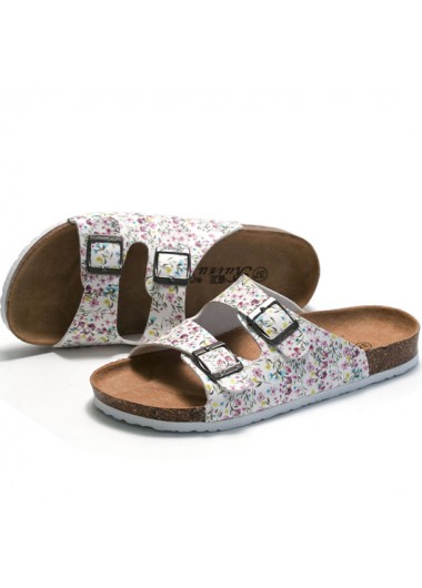 Modlily Flip Flops White Floral Print Open Toe Falt Sliders - 39
