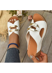 Modlily Flip Flops White Peep Toe Low Heel Sliders - 36