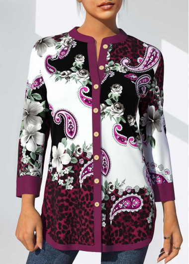 Modlily Floral and Paisley Print Purple Split Neck Blouse - S