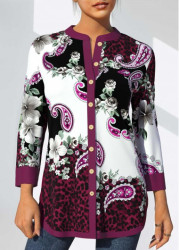 Modlily Floral and Paisley Print Purple Split Neck Blouse - S