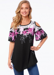 Modlily Floral Print Asymmetric Hem Cold Shoulder T Shirt - M