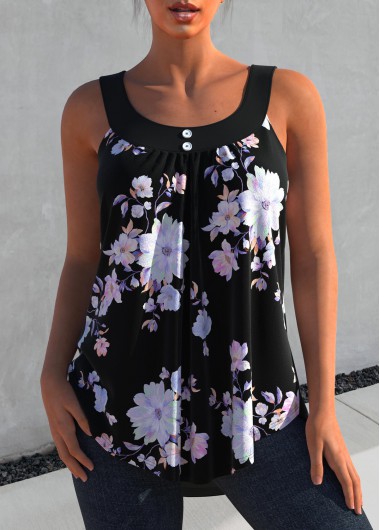 Modlily Floral Print Black Decorative Button Tank Top - S