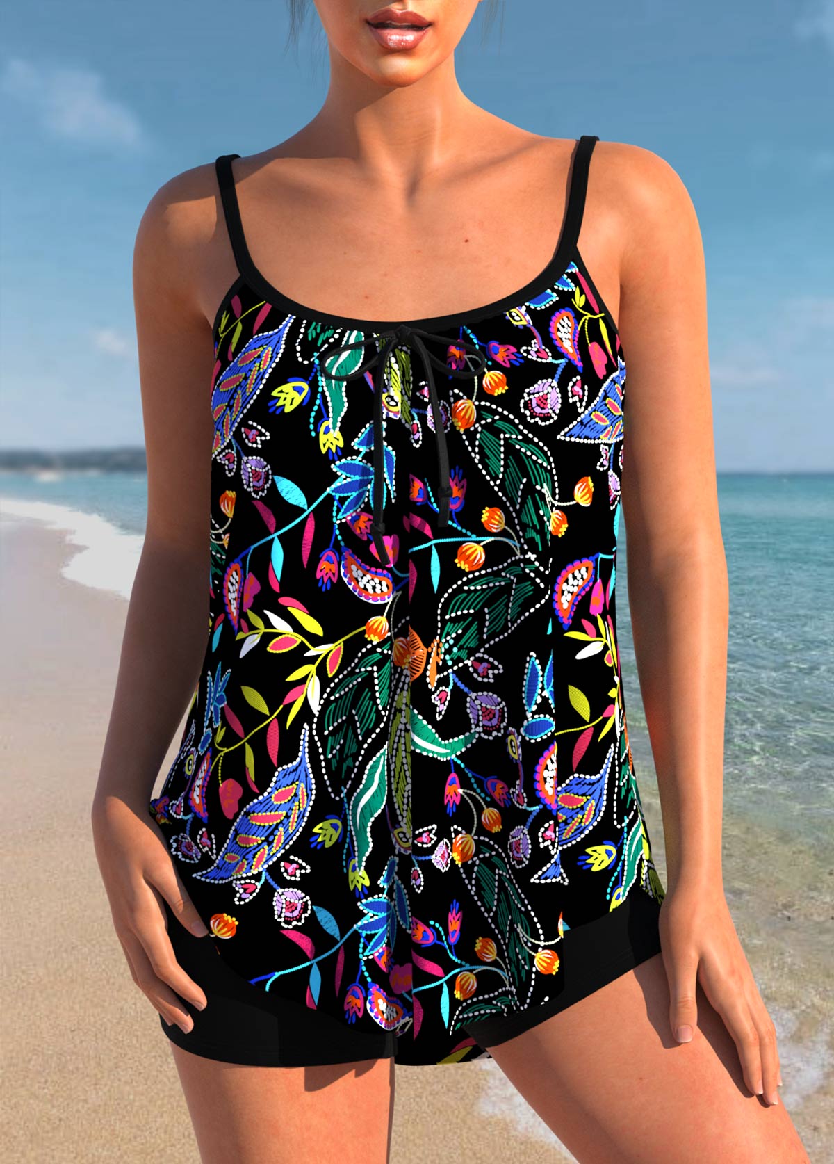 Modlily Floral Print Black Spaghetti Strap Tankini Top - S