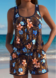 Modlily Floral Print Dark Coffee One Piece Swimwear - S
