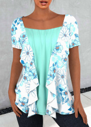 Modlily Floral Print Flounce Mint Green T Shirt - S