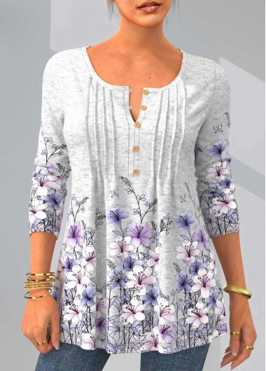 Modlily Floral Print Long Sleeve Crinkle Chest T Shirt - S