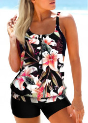 Modlily Floral Print Multi Color Wide Strap Cutout Tankini Set - S
