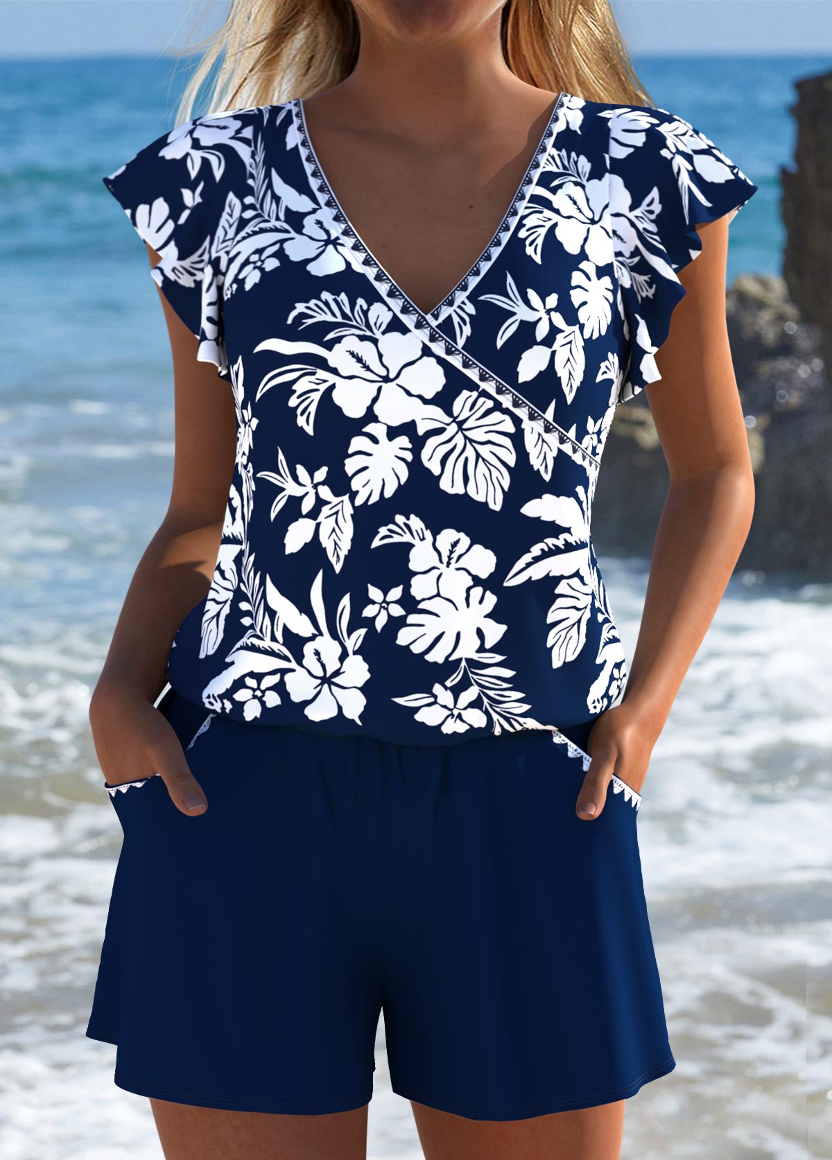 Modlily Floral Print Navy One Piece Swimwear - S