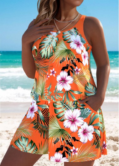 Modlily Floral Print Orange One Piece Swimwear - XXL