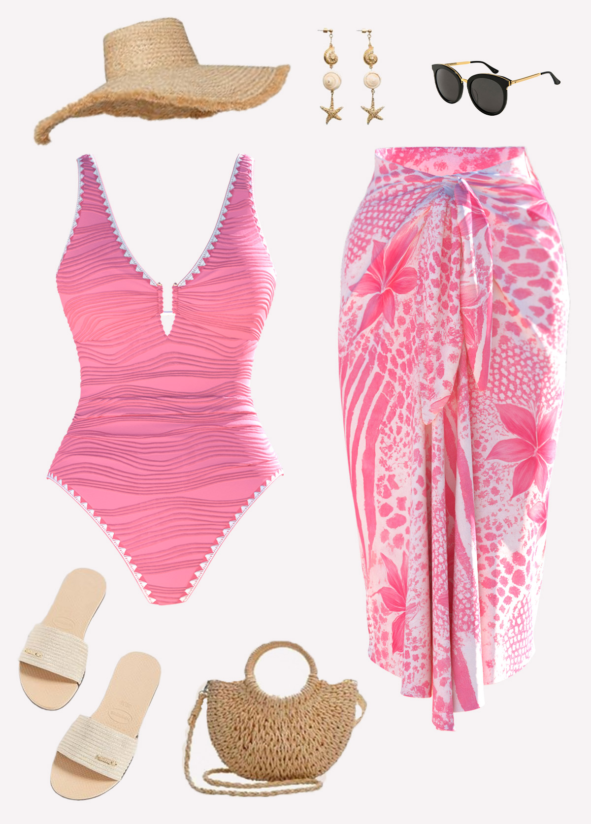 Modlily Floral Print Pink One Piece Swimwear and Skirt - S