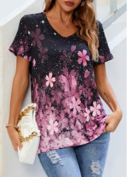 Modlily Floral Print Pink V Neck T Shirt - L