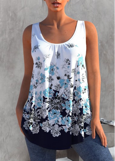 Modlily Floral Print Round Neck White Tank Top - S