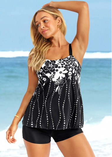 Modlily Floral Print Wide Strap Black Tankini Top - S