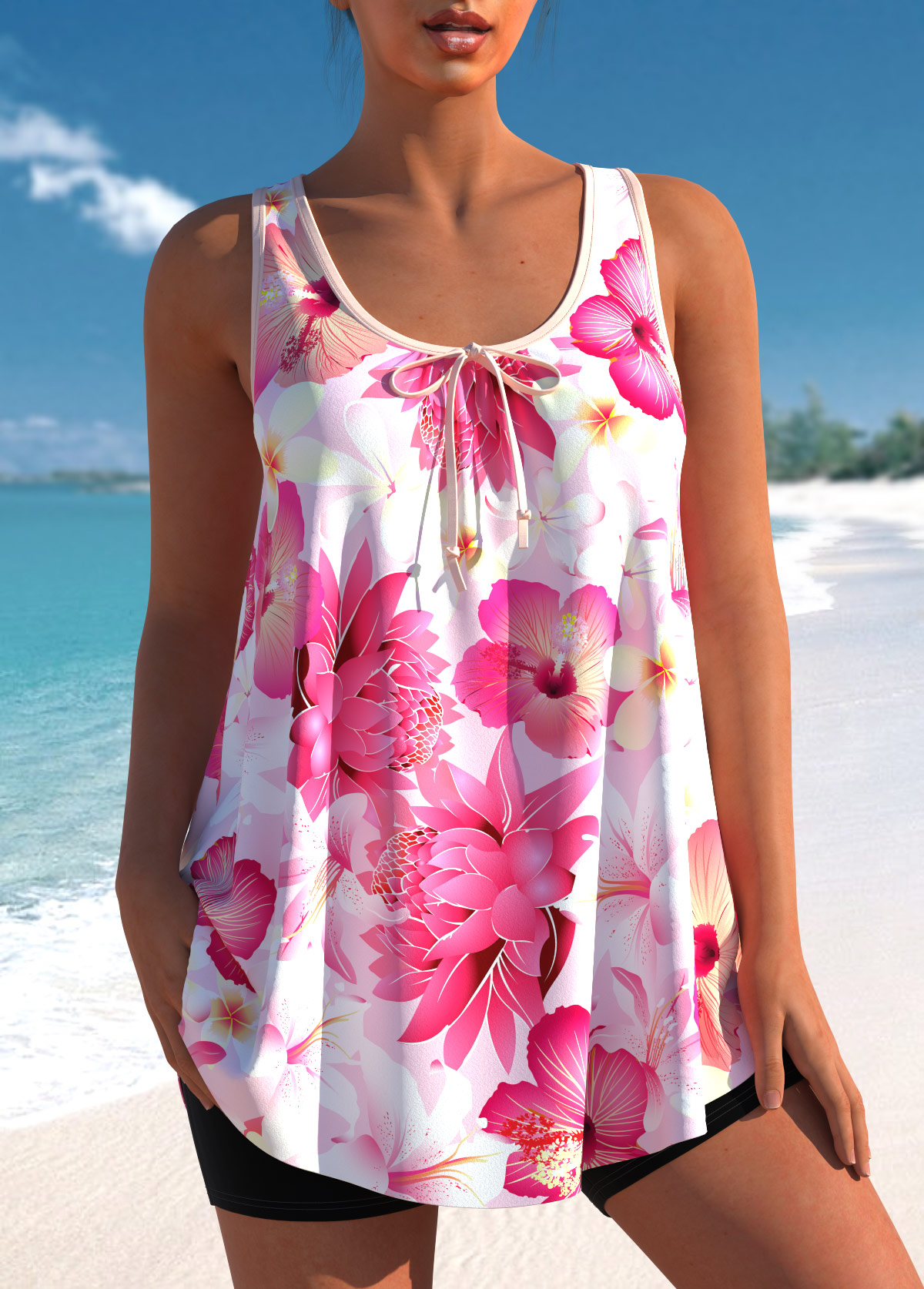 Modlily Floral Print Wide Strap Pink Tankini Top - S